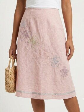 Autograph Petite Vintage Pink 100% Linen Embroidered Skirt Size 2P